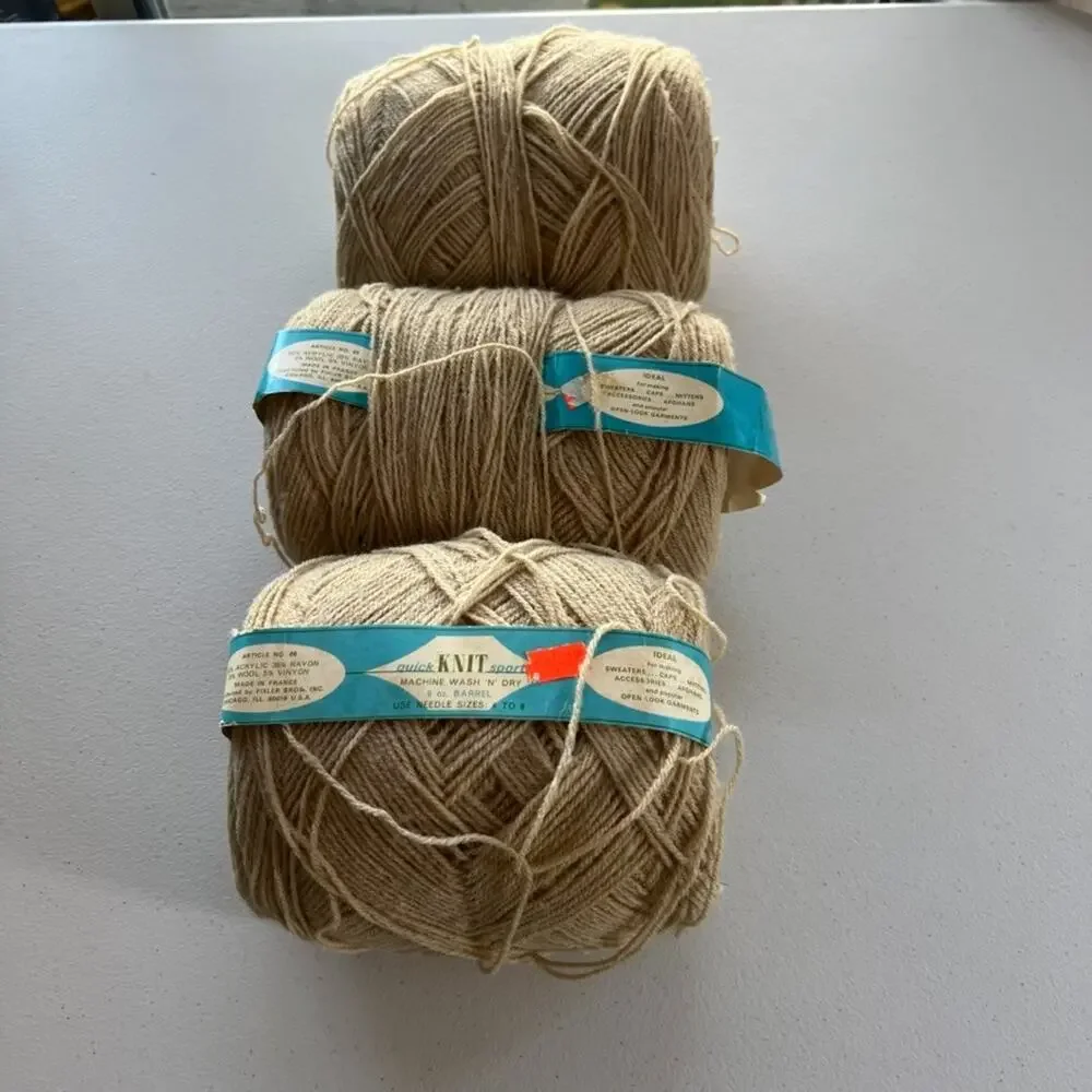 Vintage Quick Knit Sport Yarn Barrels Beige Color Lot Of 3